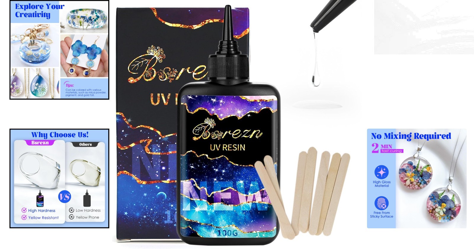 High Viscosity 100g UV Resin Kit – Includes 8 Wooden Sticks for Jewelry Design