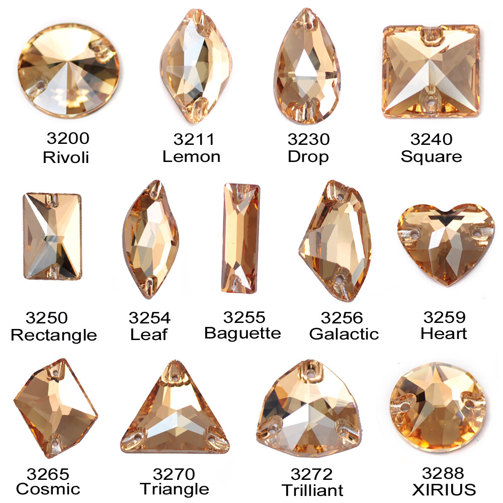 Glass Crystal Golden Shadow Sew ON Rhinestones Rivoli Oval Navette Square Triang