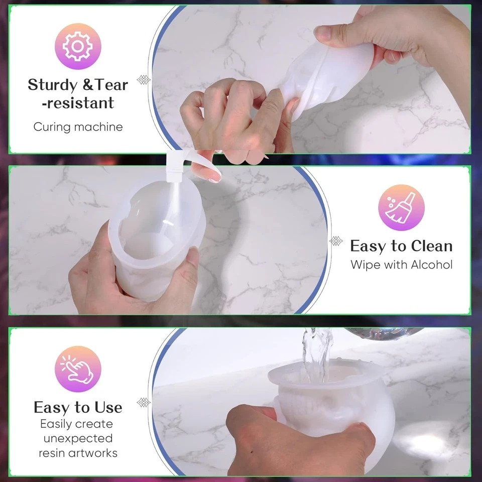 3D Resin Skull Molds, Flexible Clear Silicone Head Molds – 3 Pack White