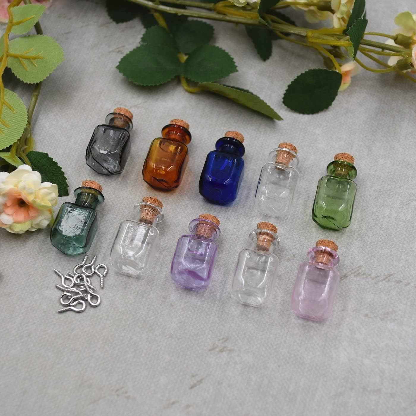 Tiny Glass Jars Mini Bottles With Cork Stoppers Square Decoration Colored 10 PCS
