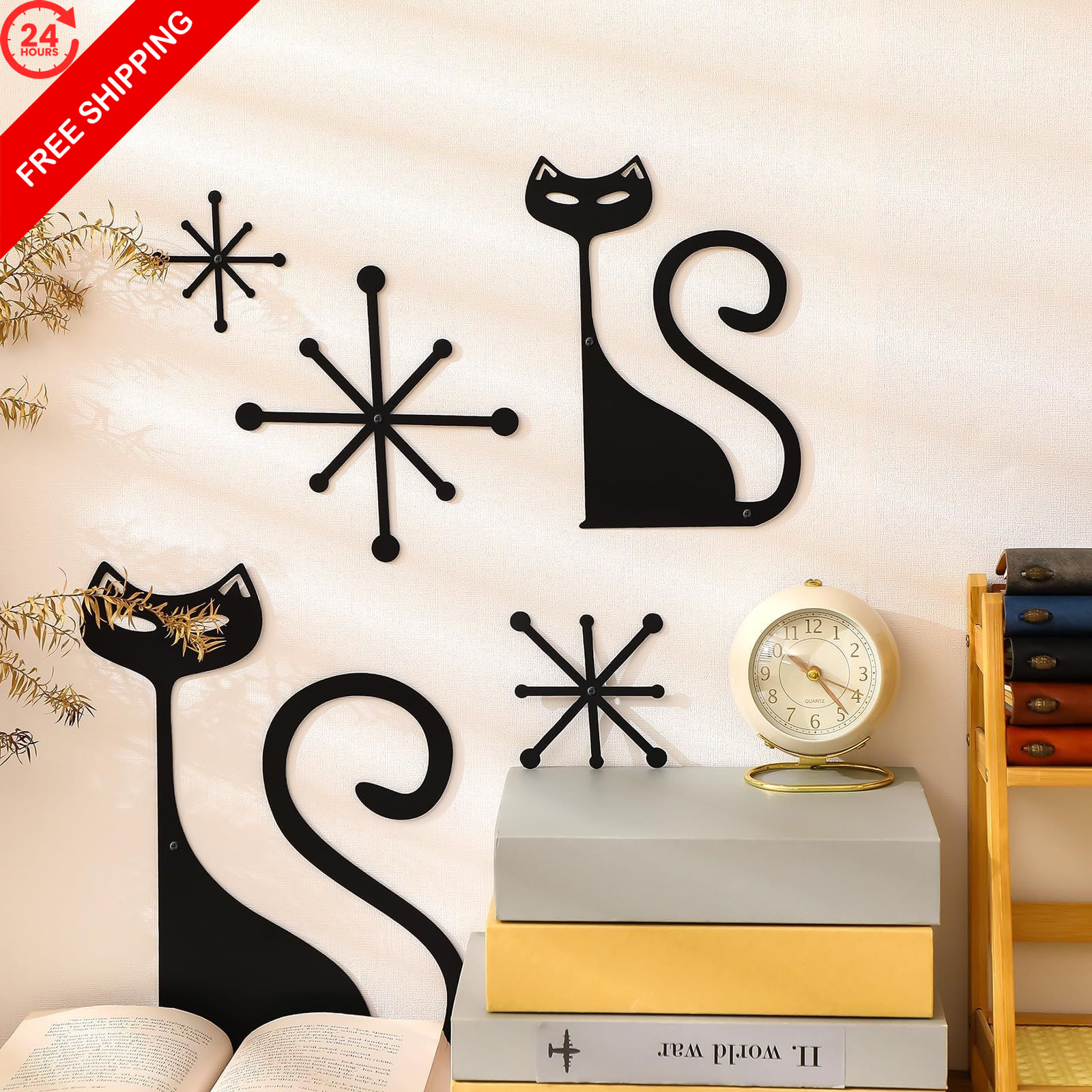 Wesiti 5 Pcs Mid Century Modern Atomic Cute Cat 7.48 x 11.50 inches, black