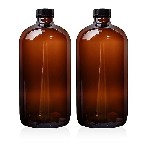 2 Pack 32 oz Amber Glass Boston Bottles with Phenolic Poly Cone Caps. Perfect