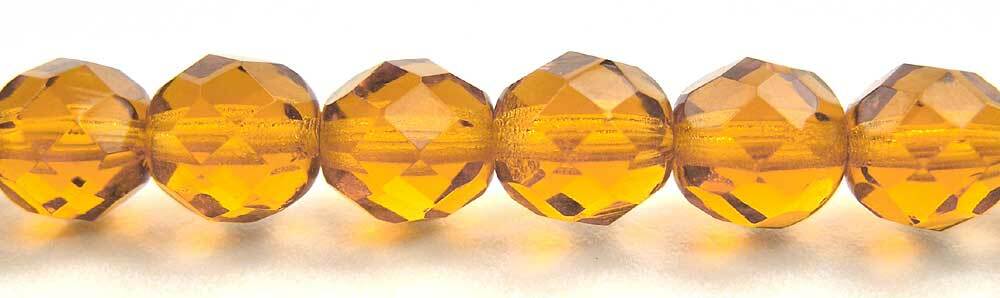Czech Fire Polished Round Faceted Glass Beads in Light Topaz, 16” golden brown