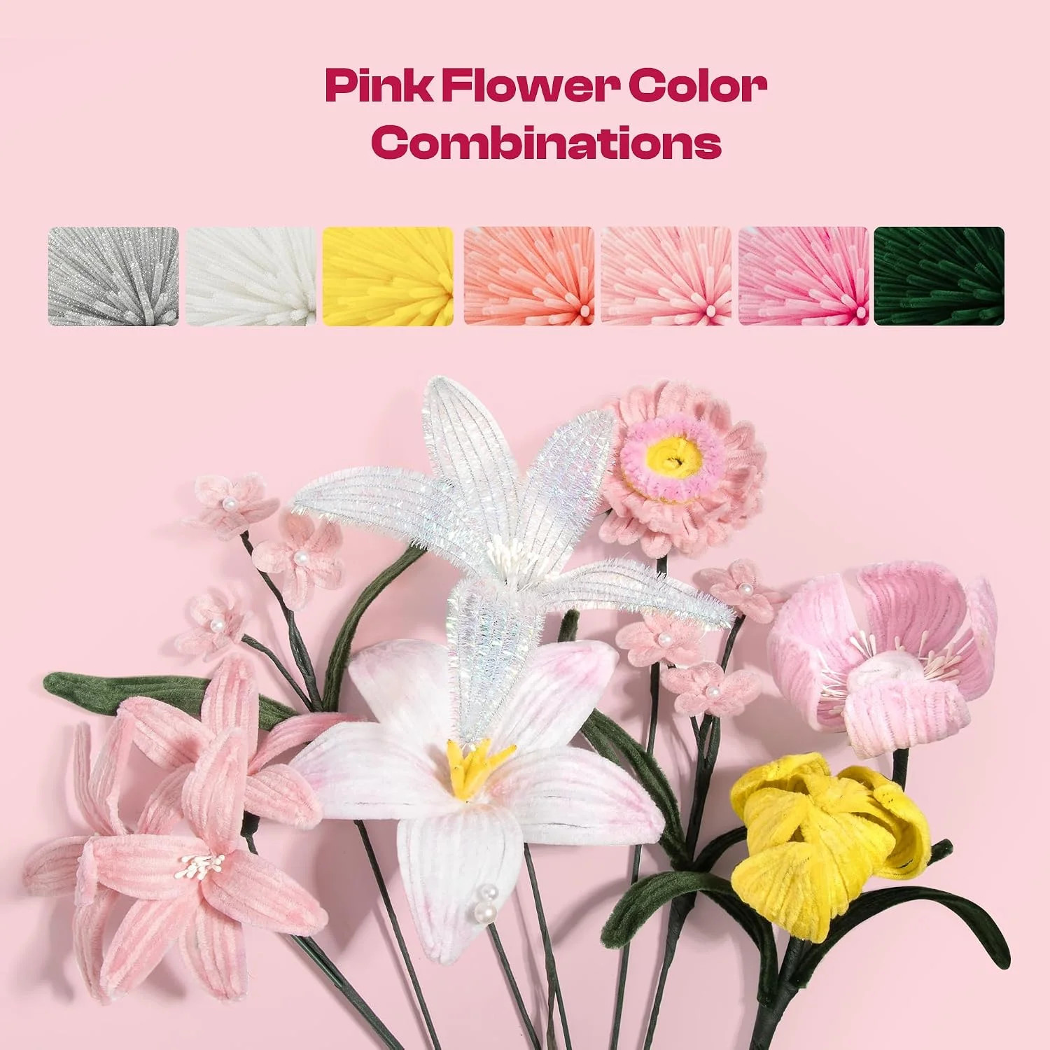 700 Pcs Pipe Cleaner Flower Kit 7 Colors 6mm x 30cm Pink