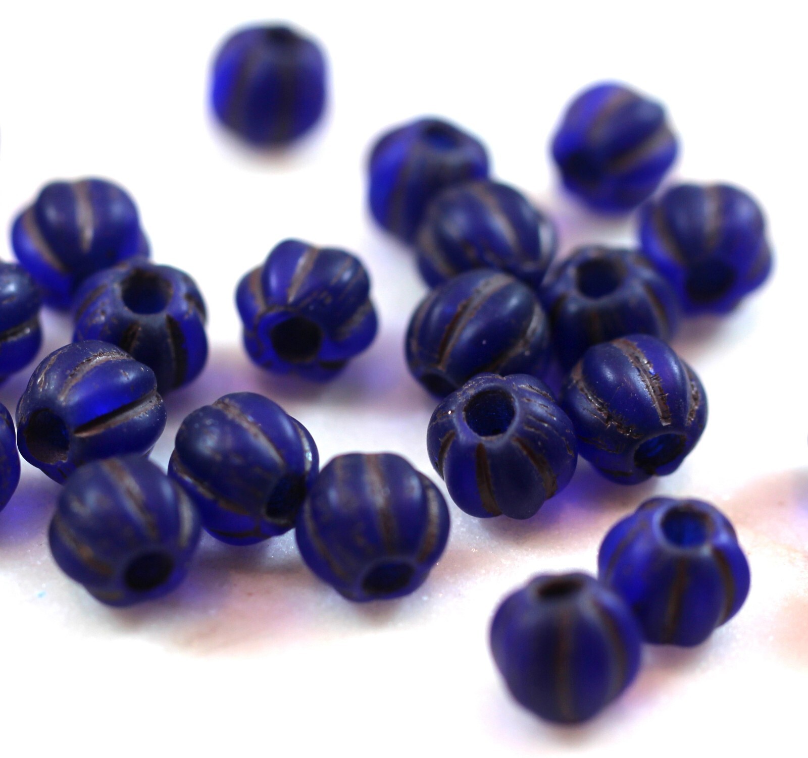 Large Hole 8mm Melon Beads w/3 mm Hole, Dark Sapphire w/Brown Wash, 10 Pcs, 431