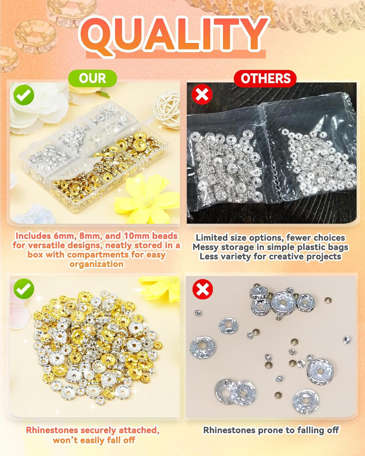 FIVEIZERO 300PCS Silver Rhinestone Rondelle Spacer Beads | 6/8/10Mm Sizes, 1.5/2