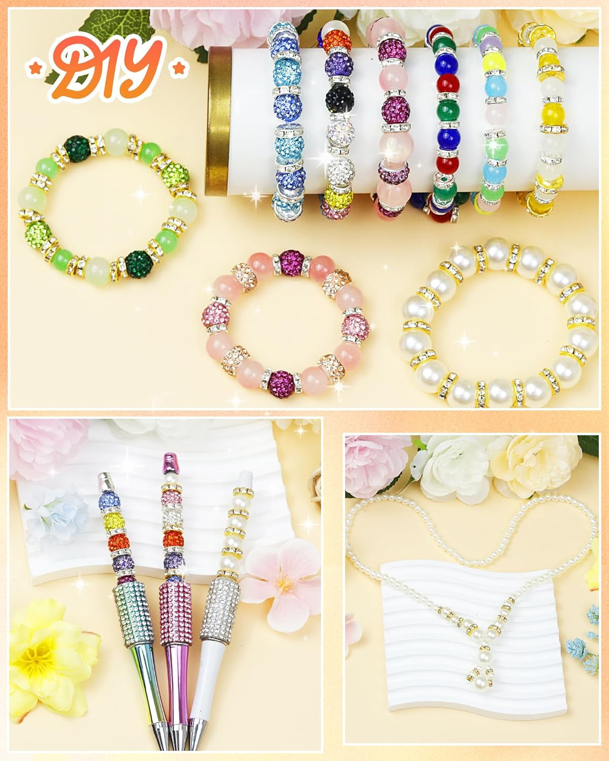 FIVEIZERO 300PCS Silver Rhinestone Rondelle Spacer Beads | 6/8/10Mm Sizes, 1.5/2