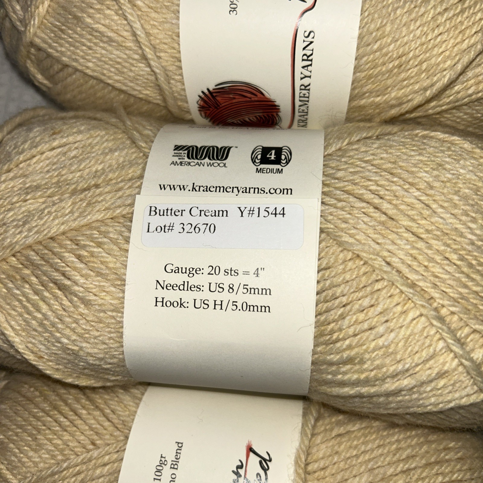 Kraemer Yarns Perfection Worsted 3 Skeins Butter Cream Y# 1544 Acrylic Wool