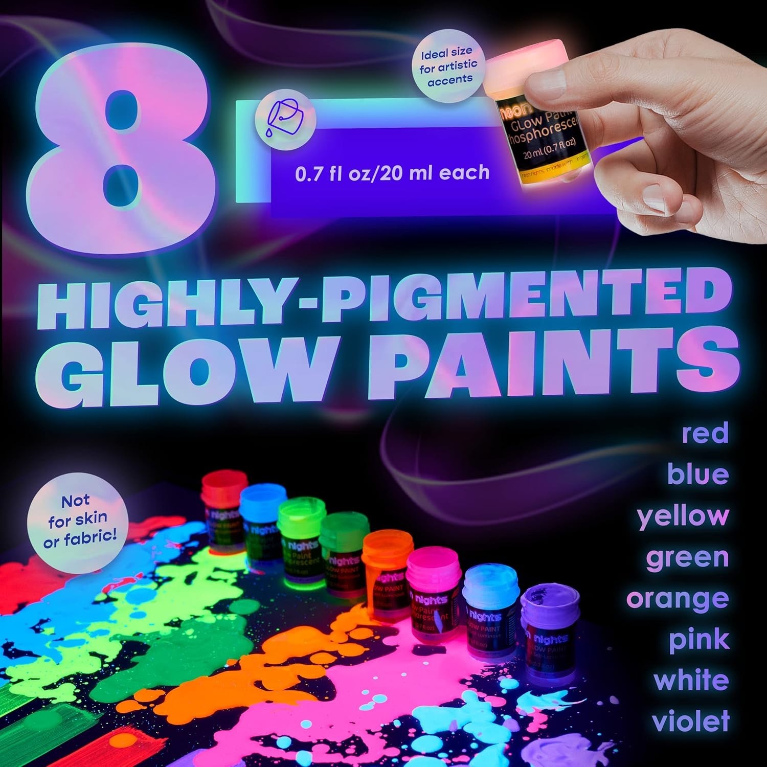 Glow in The Dark Acrylic Paint Set – 8 Vibrant Colors for Indoor & Outdoor Use