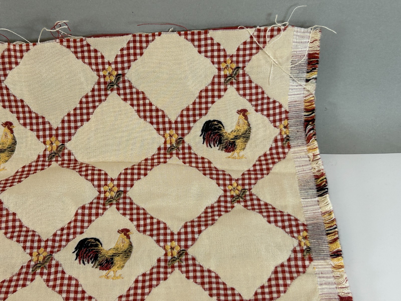 Embroidered Roosters Red & White Gingham Lattice on Ivory Upholstery Fabric 1 yd