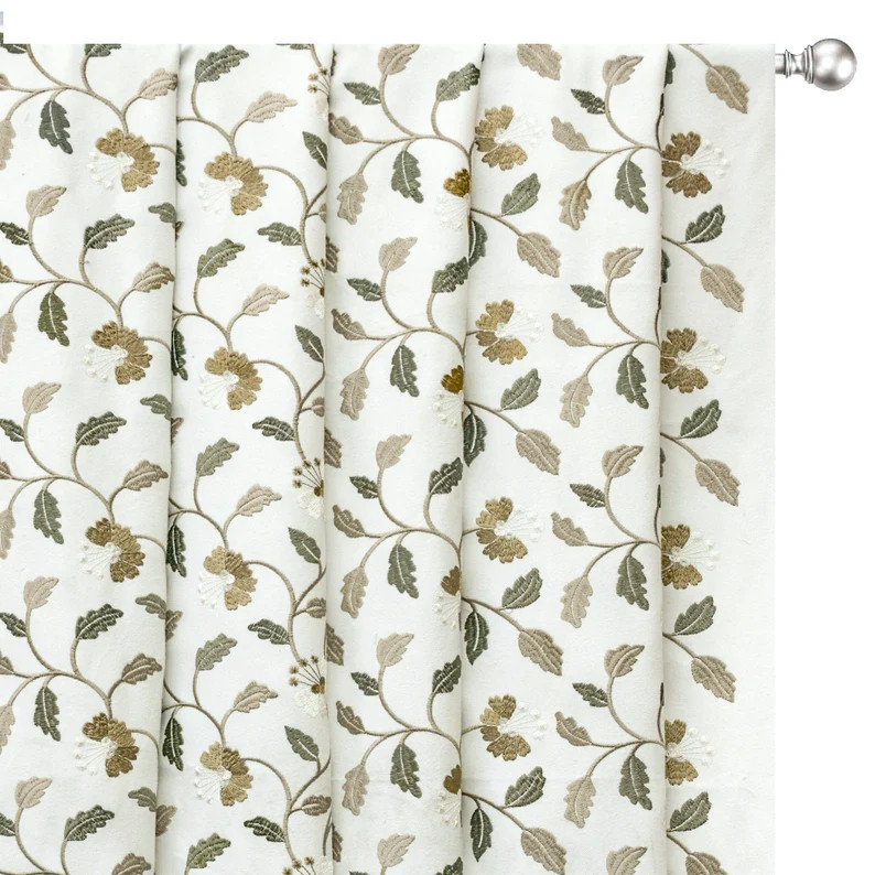 Ivory, Mustard Cotton with Embroidery Fabric by the Yard, 1 Yard Ivory Fabric
