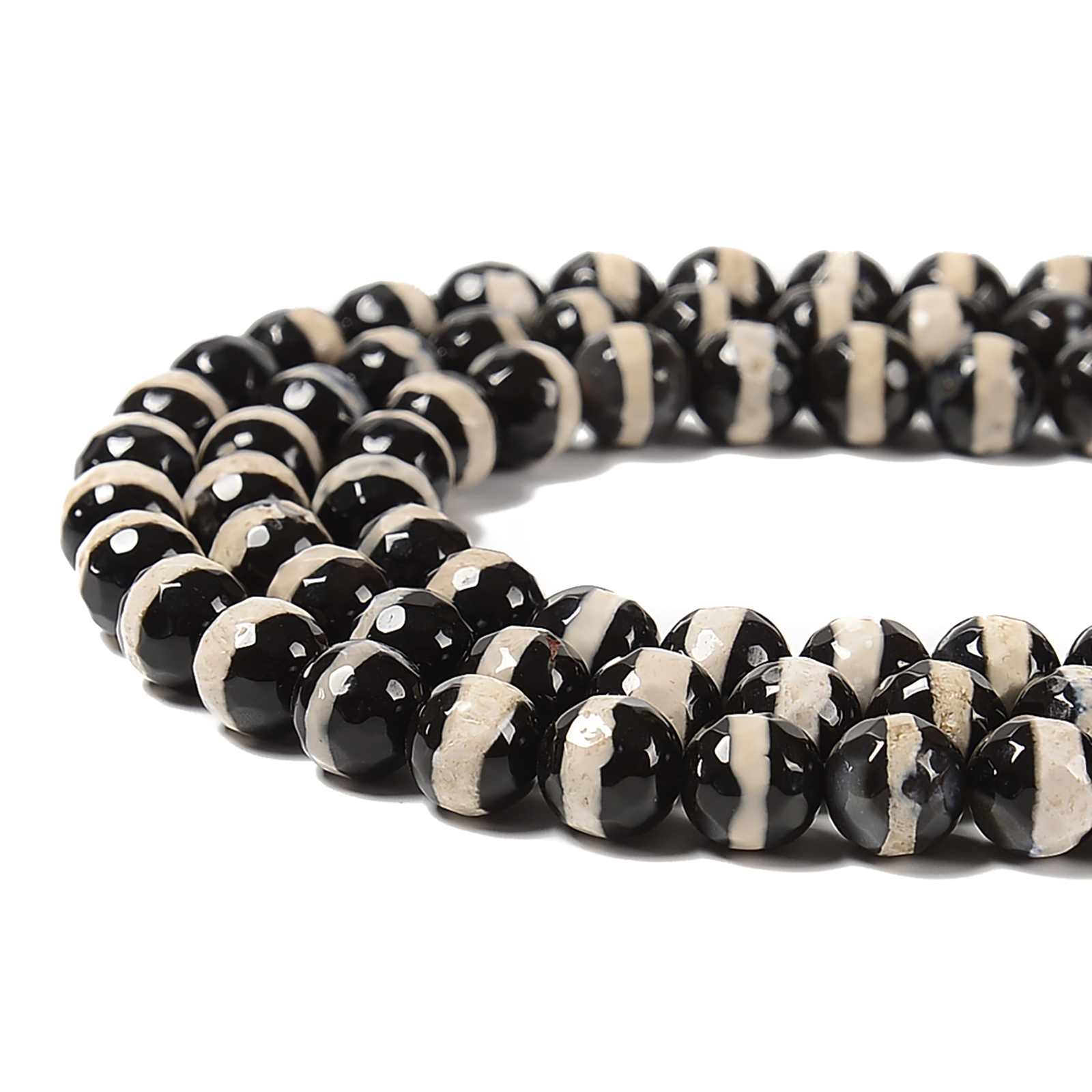 Black & White Stripe Tibetan Agate Faceted Round Beads 6mm to 12mm 15.5″ Strd