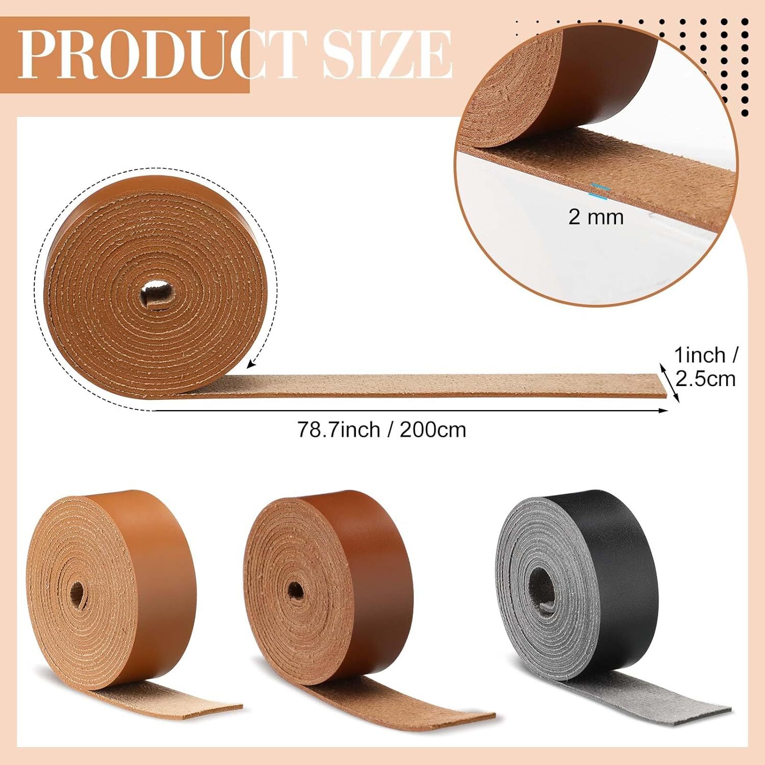 3 Rolls Leather Strap Leather Belt Strips Flat Leather Straps Single Sided Fa…