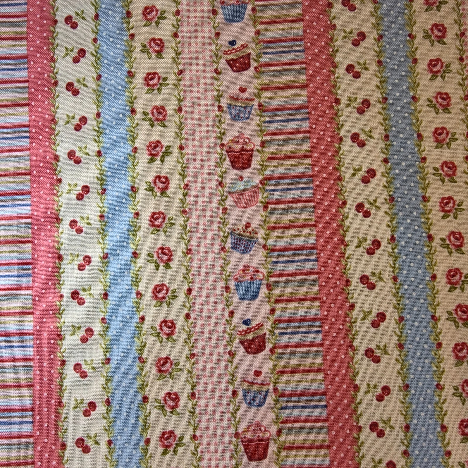 Tea Time Stripe 100% Cotton Fabric Cupcakes Cherries RosesMakower Rare