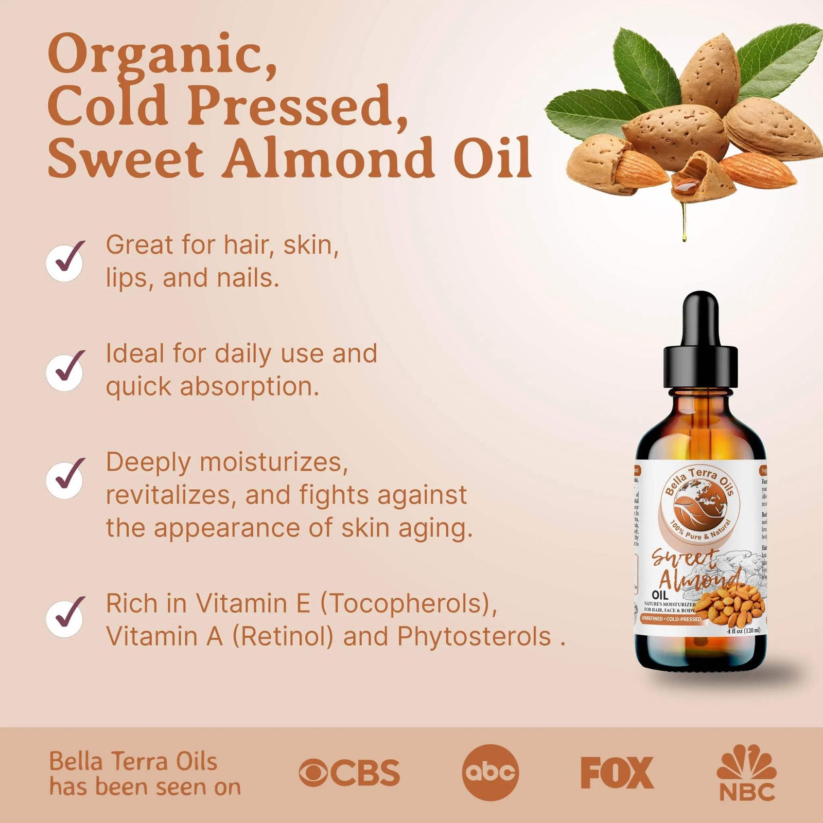 Organic Pure Sweet Almond Oil – 2oz | Premium Cold-Pressed Oil for Skin, Hair &