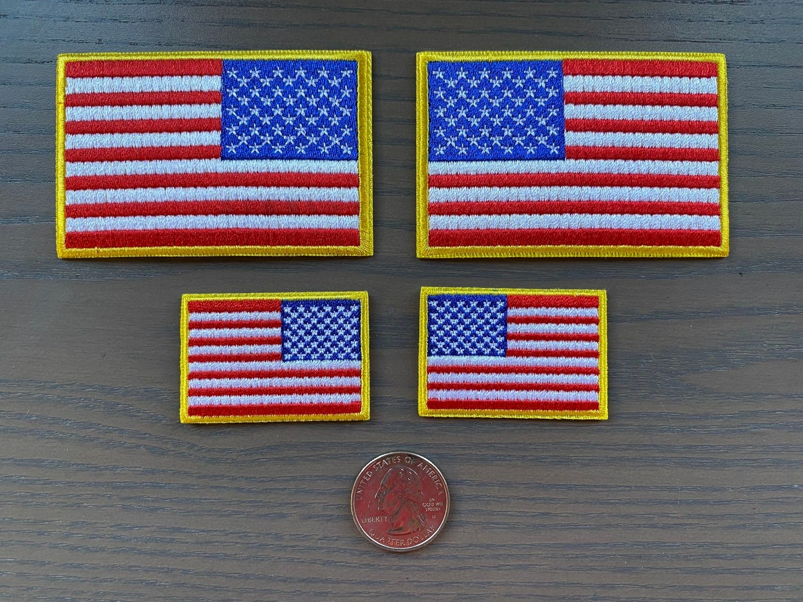 4 American Flag Iron-on Patches Regular & Reversed 1.75 x 1.25 & 3 x 2 in