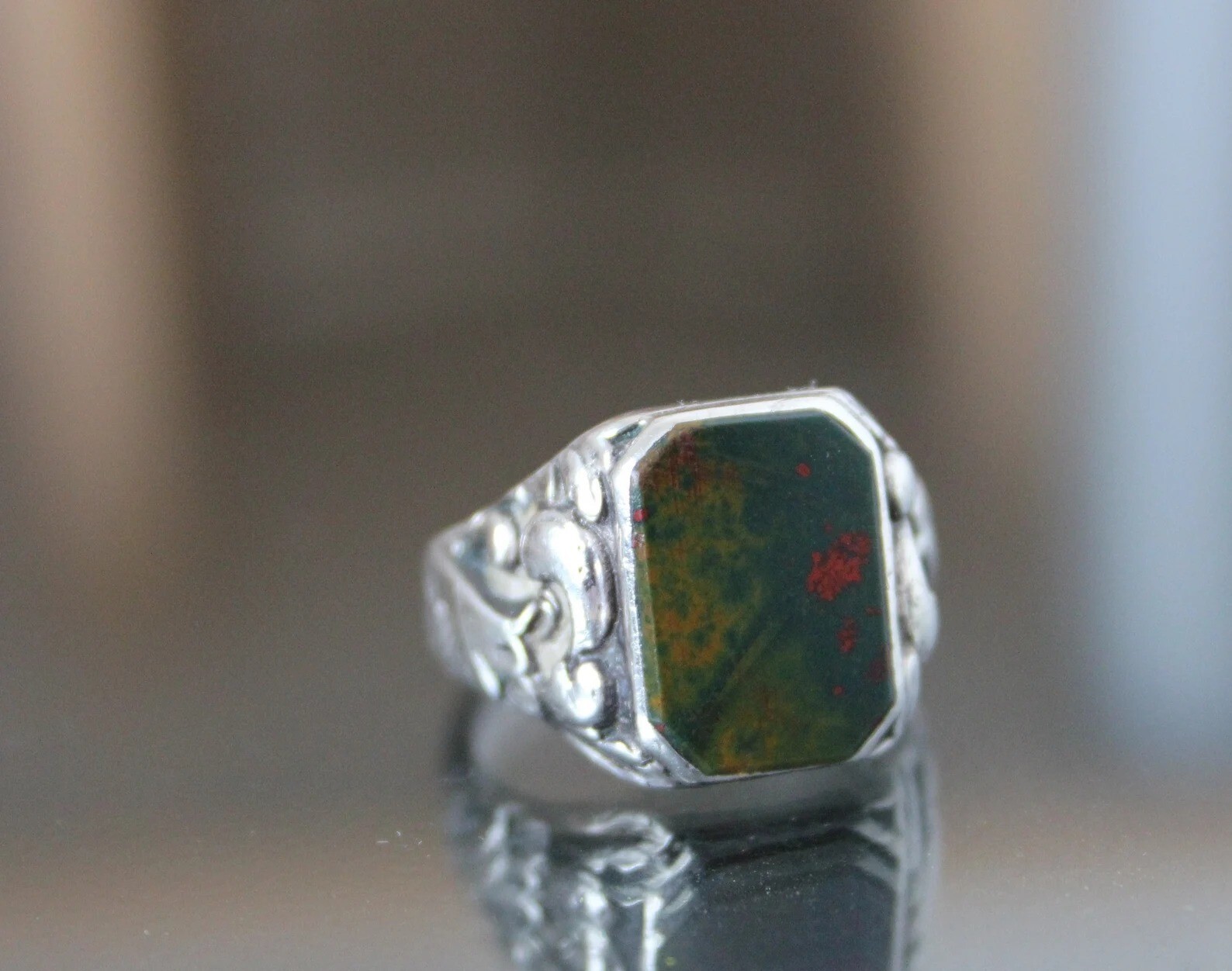 Art Deco Mens Signet Ring. Bloodstone 925 Silver,Antique Fob Ring. Gentlemen’s,