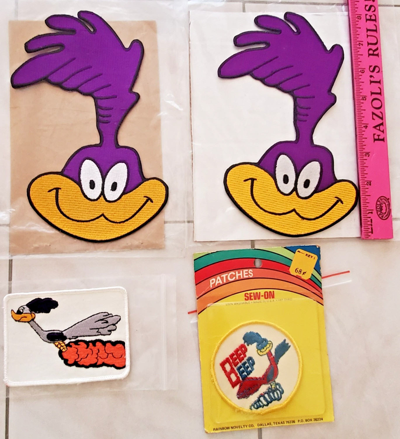(4) ROAD RUNNER PLYMOUTH SEW-ON/OR GLUE-ON PATCHES 8″X5″/4″X3″/3″ VTG RARE OLD