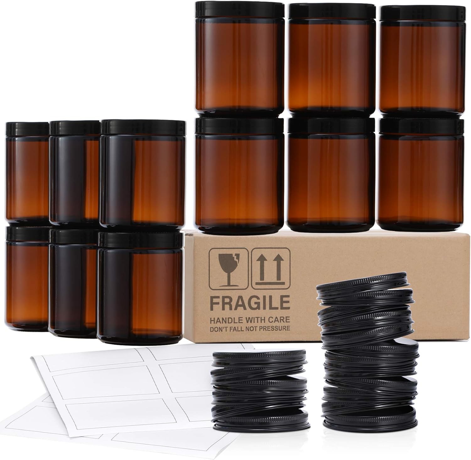 12 Pack, 8 OZ Dark Amber Candle Jars for Making Candle – Thick Glass Jars