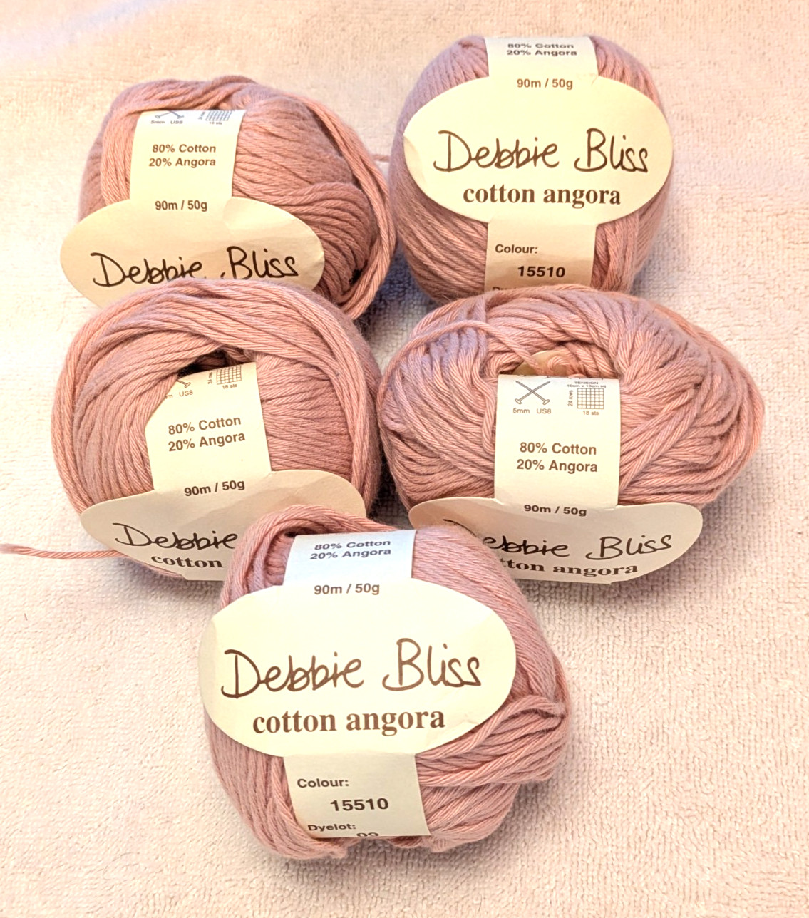 5 Ball Lot Debbie Bliss “Cotton Angora” Aran Wt Cotton Angora Blend Yarn in Pink
