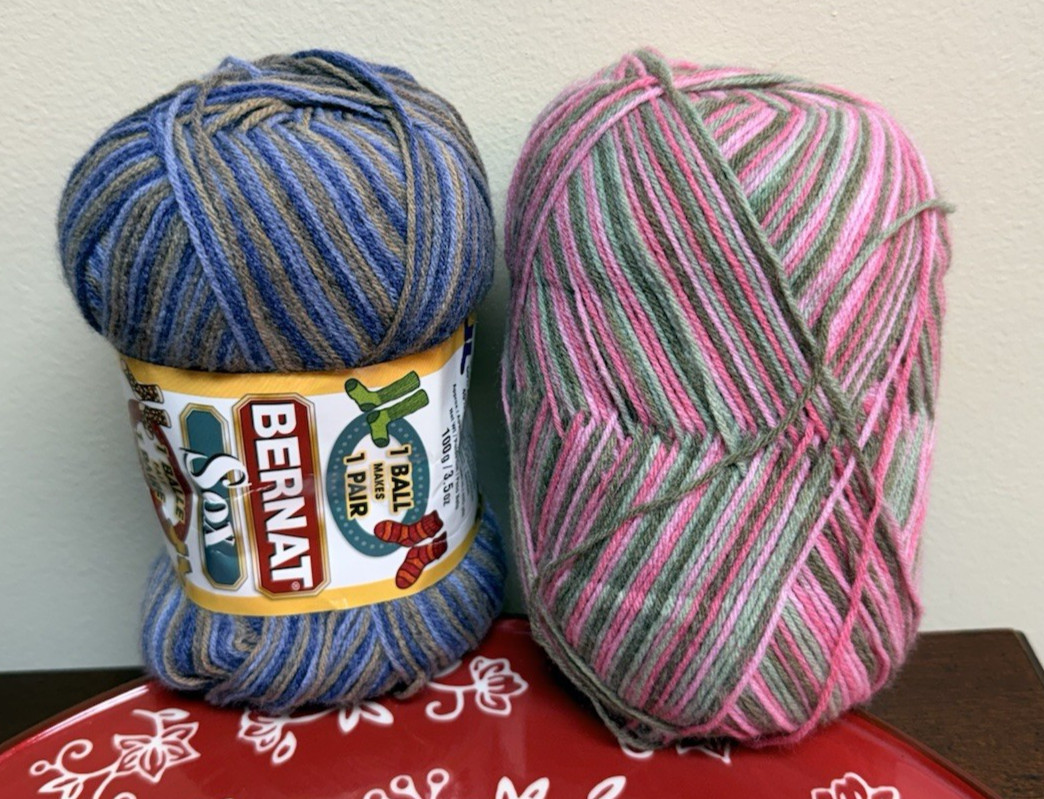 Lot of Bernat Sox Sock Yarn Super Fine Wooded Denim 42117 and Pink Green