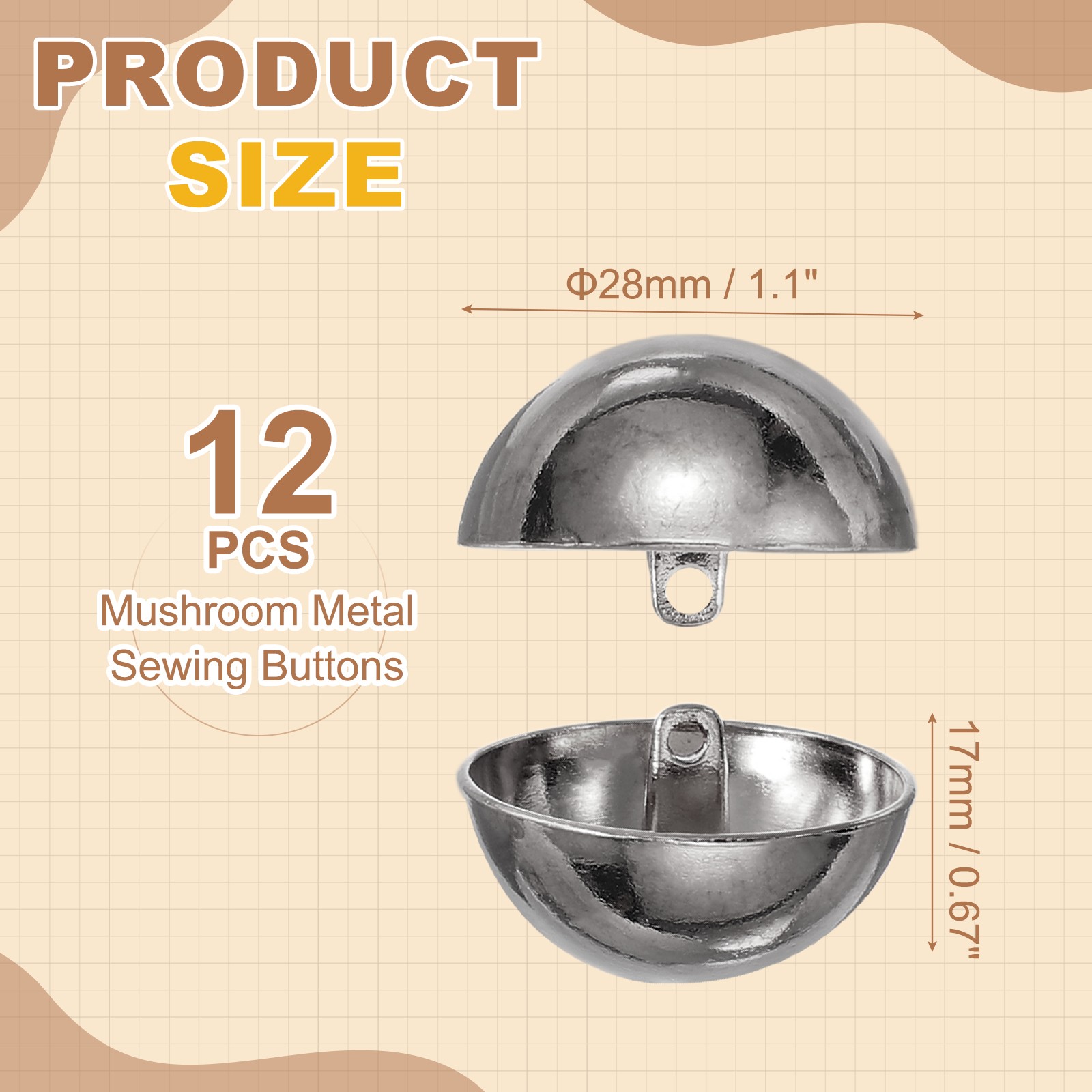 12pcs 28mm / 1.10″ Half-Domed Mushroom Metal Sewing Buttons,Black