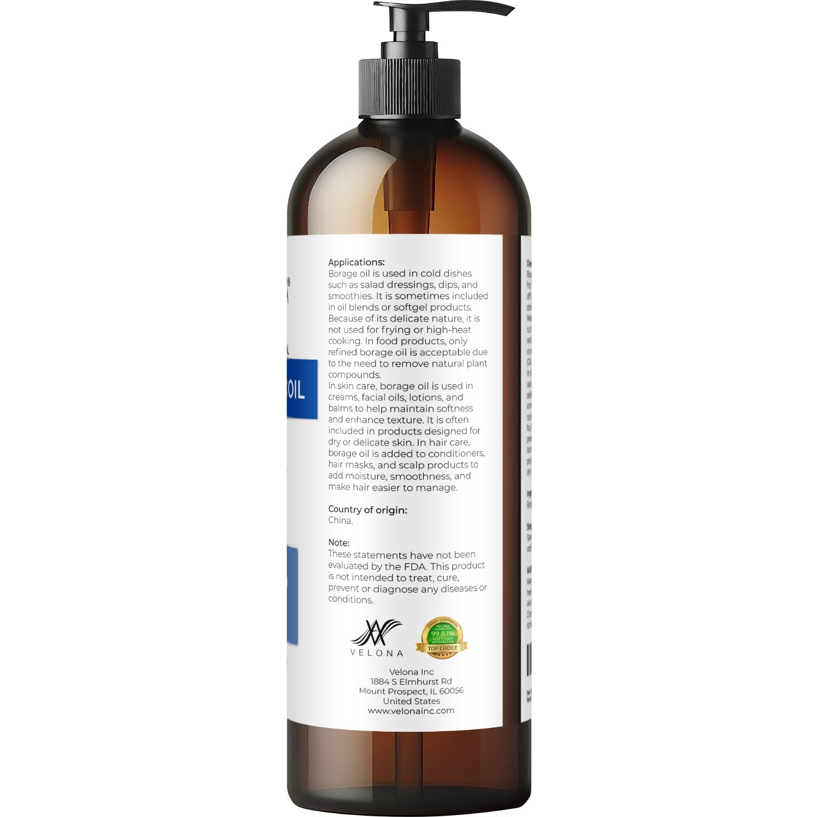 Borage Seed Oil by Velona – 2 Fl Oz – 1 Gal Refined, Expeller pressed, Skin care