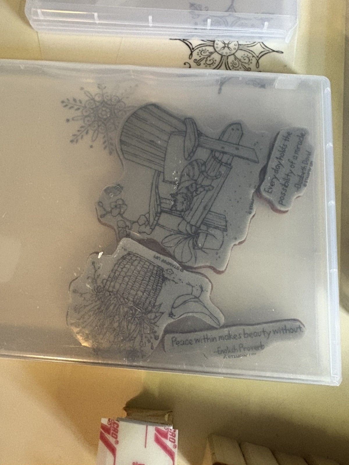 38 Assorted Rubber Stamps With 4 None Cubes, 3 Color Box Ink Cubes. **See Pics