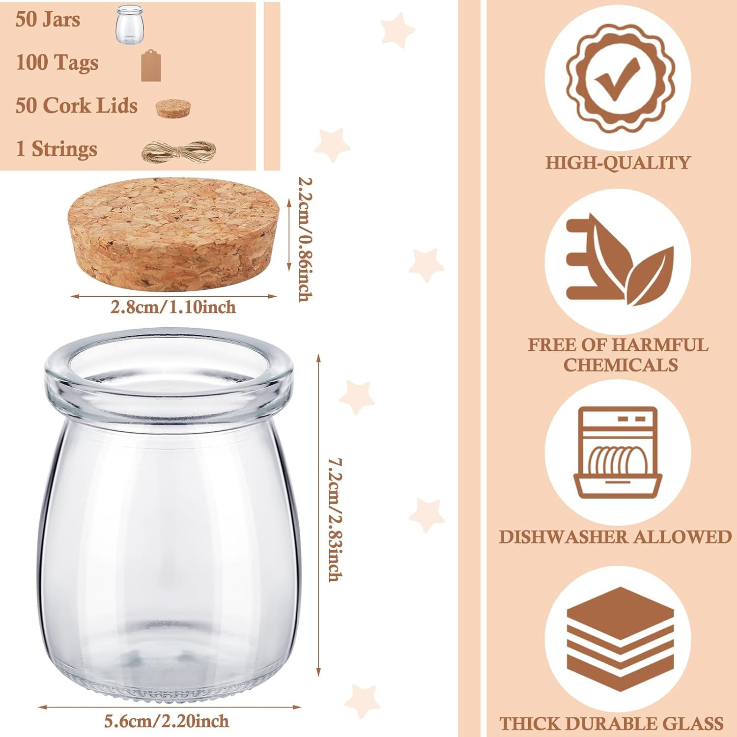 50 Pack Glass Favor Jars with Cork Lid 3.4 Oz Small Glass Bottles Jars