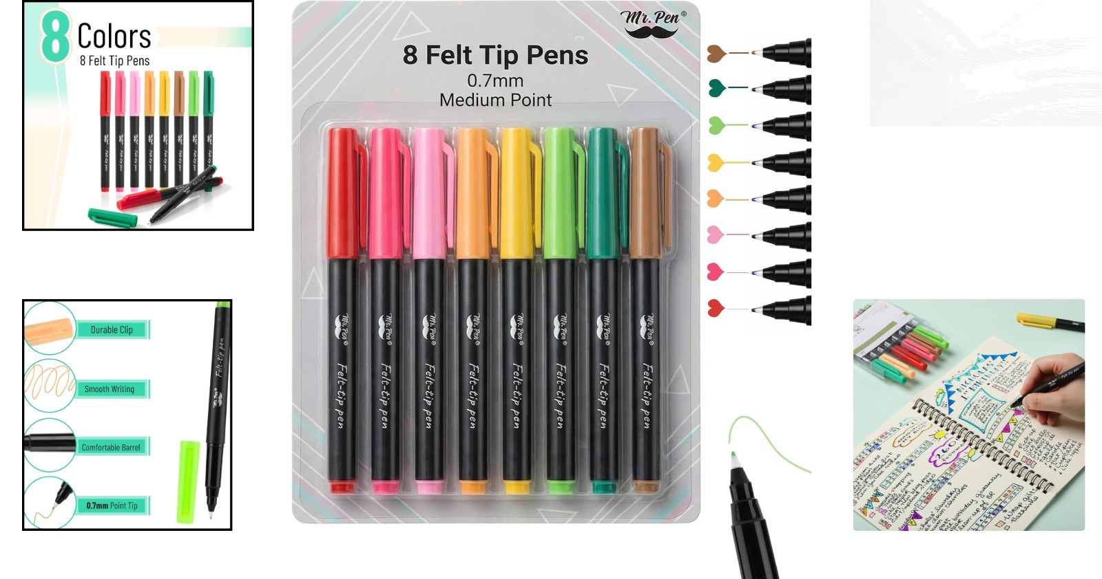 Ergonomic 0.7mm Fine Tip Markers | Set of 8 Colorful Felt Pens for All Ages