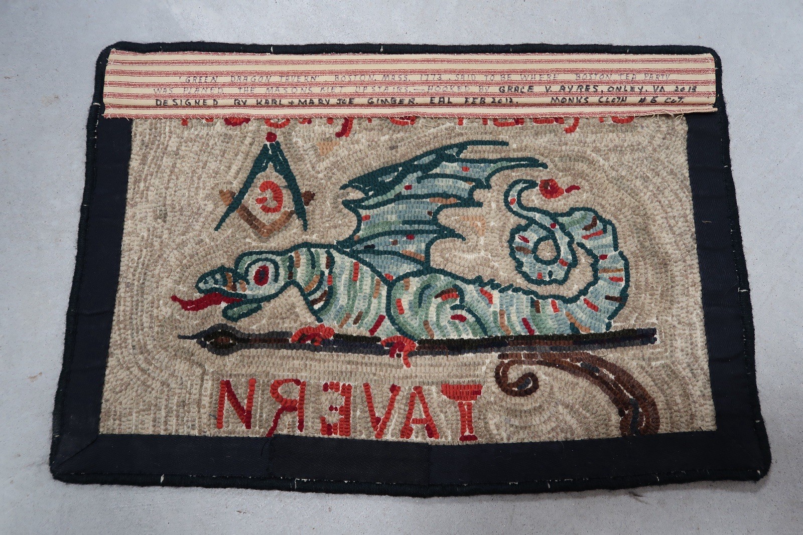 Hand Hooked Wool Rug Green Dragon Tavern Boston Tea Party Masonic Folk Art A3