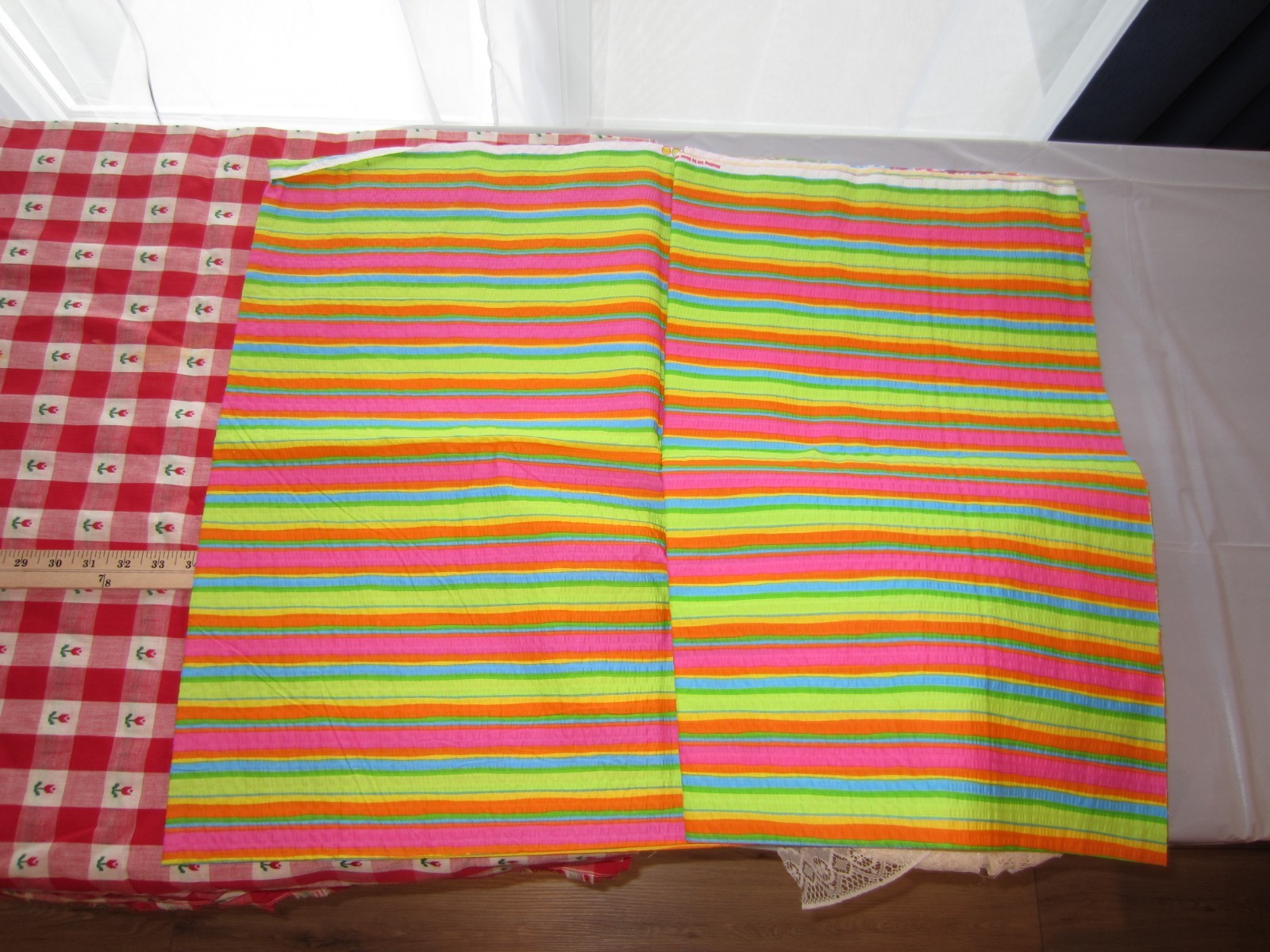 Old Estate Find – Fabric & Lace LOT – Red Gingham Tulip Print Rainbow Stripe