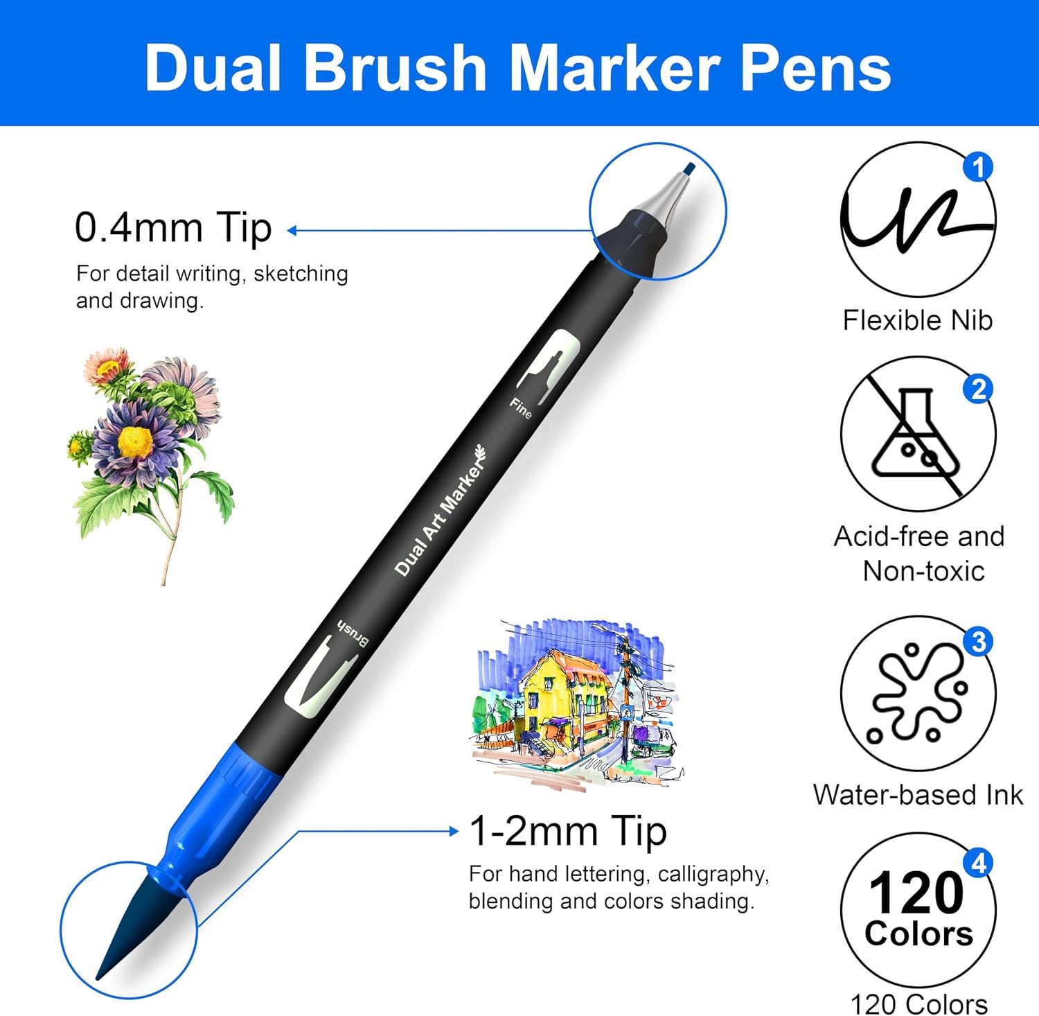 Dual Brush Art Markers for Sketching Doodling Lettering & Coloring
