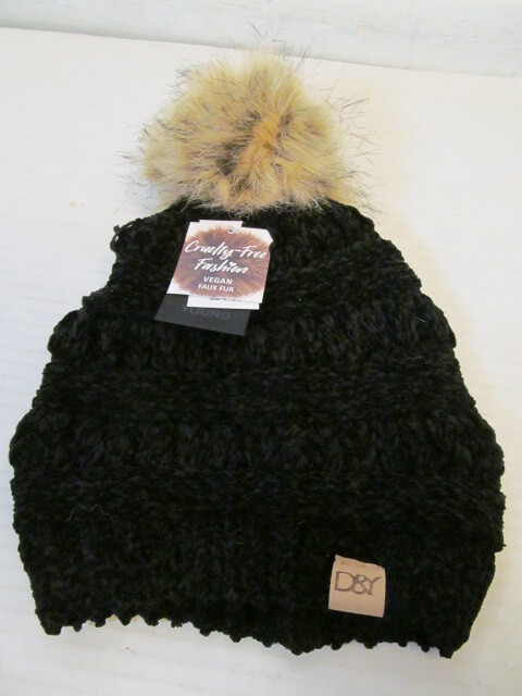David & Young Cruelty-Free Vegan Faux Fur Knit Hats, Burgundy, Green or Black
