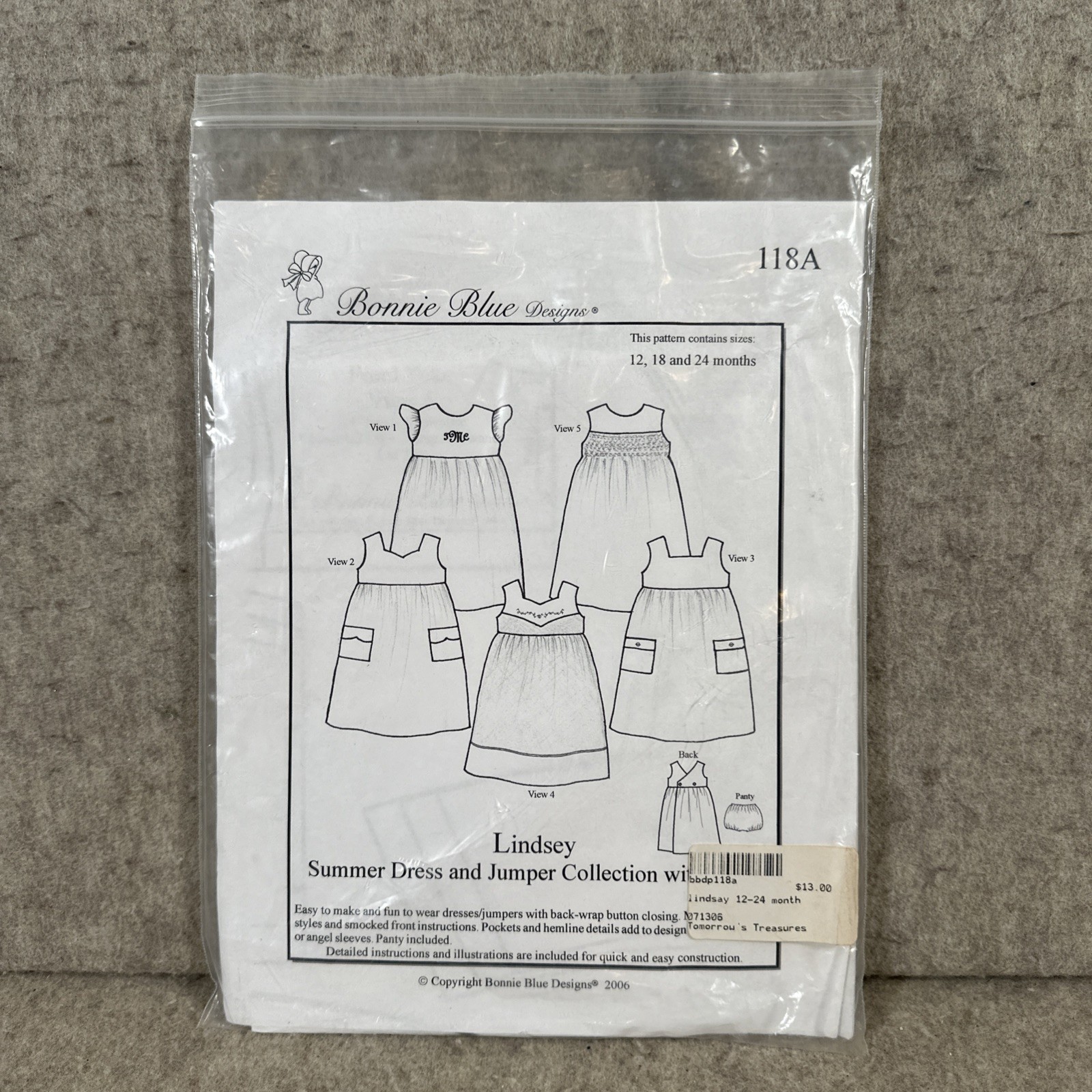Bonnie Blue Designs Pattern 118A Lindsey Summer Dress & Jumper 12,18, 24 Months