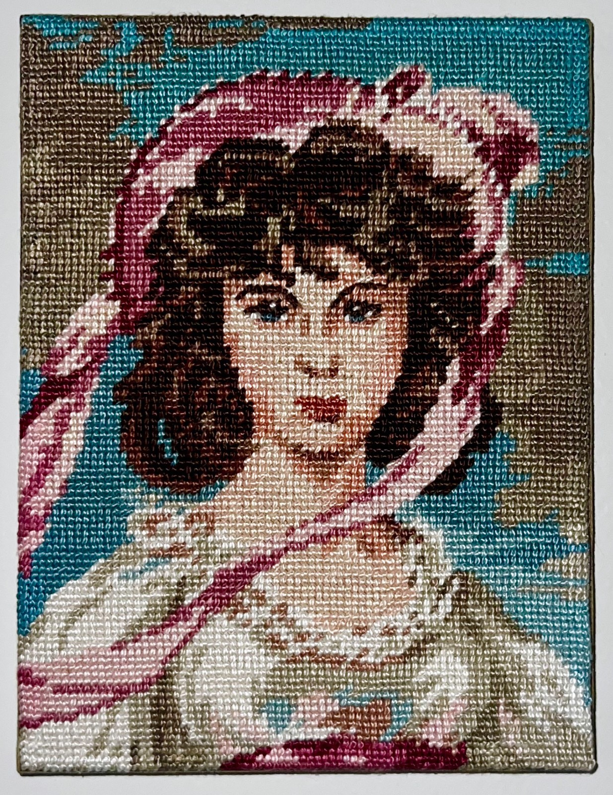 Completed limited needlepoint art portrait Pinkie Vienna Austria gallery wall