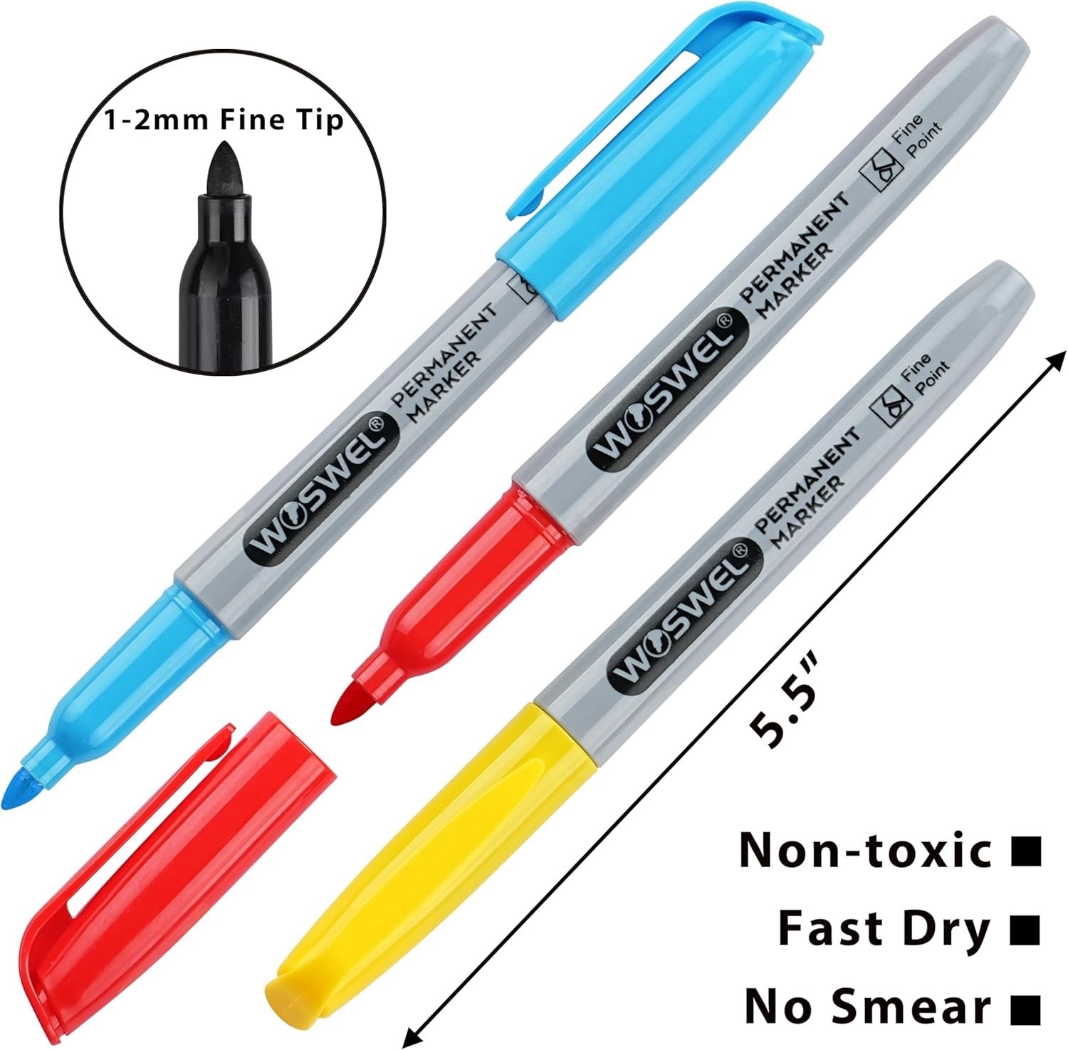 24 Pack Permanent Marker Set, 12 Assorted Colors, Fine Point Tip, Fast Dry,