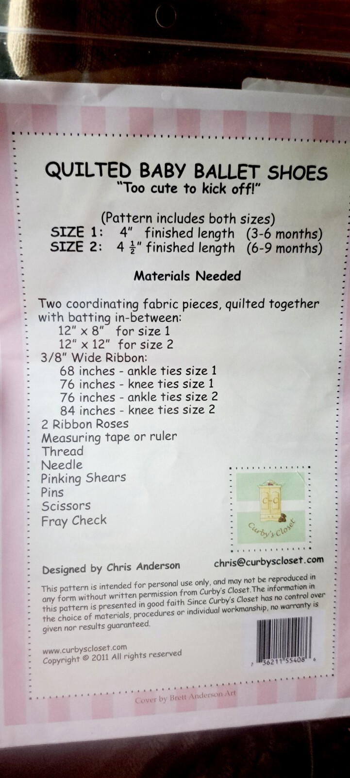 New Curby’s Closet Quilted Baby Ballet Shoes Pattern Sizes 3-6 Months