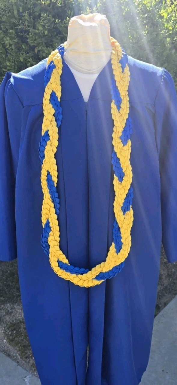 Royal Blue & Yellow Gold Graduation Lei Triple Ribbon Single Leis Lei Ready2Ship