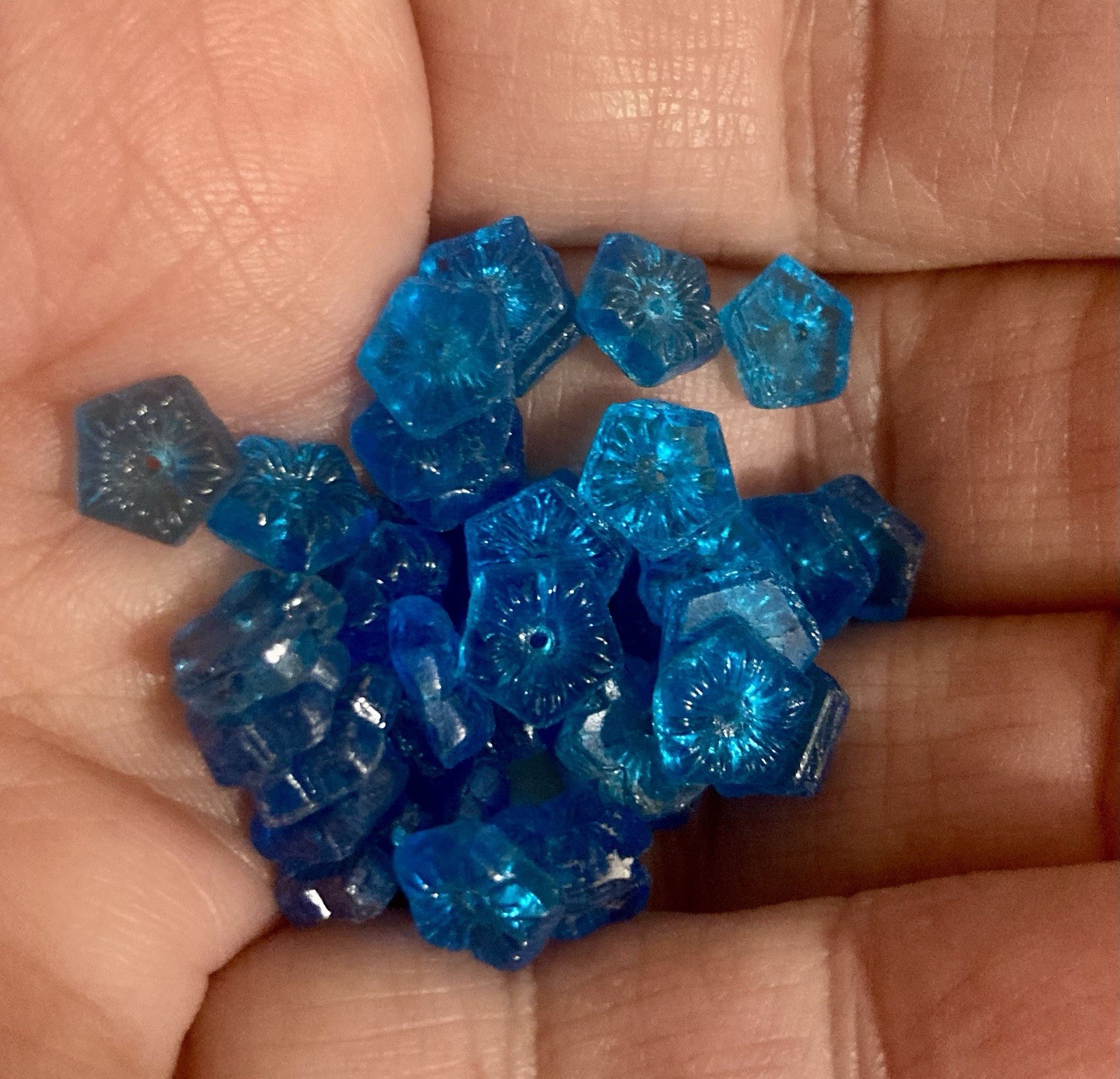 Czech 1920’s Transparent Blue Glass 8mm Sew on Beads – Set of 40 Embossed Flower