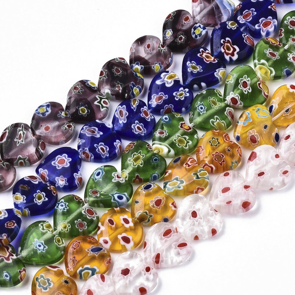 6 Millefiori Heart Beads Assorted Lot 12mm Floral Mixed Set Jewelry Supplies