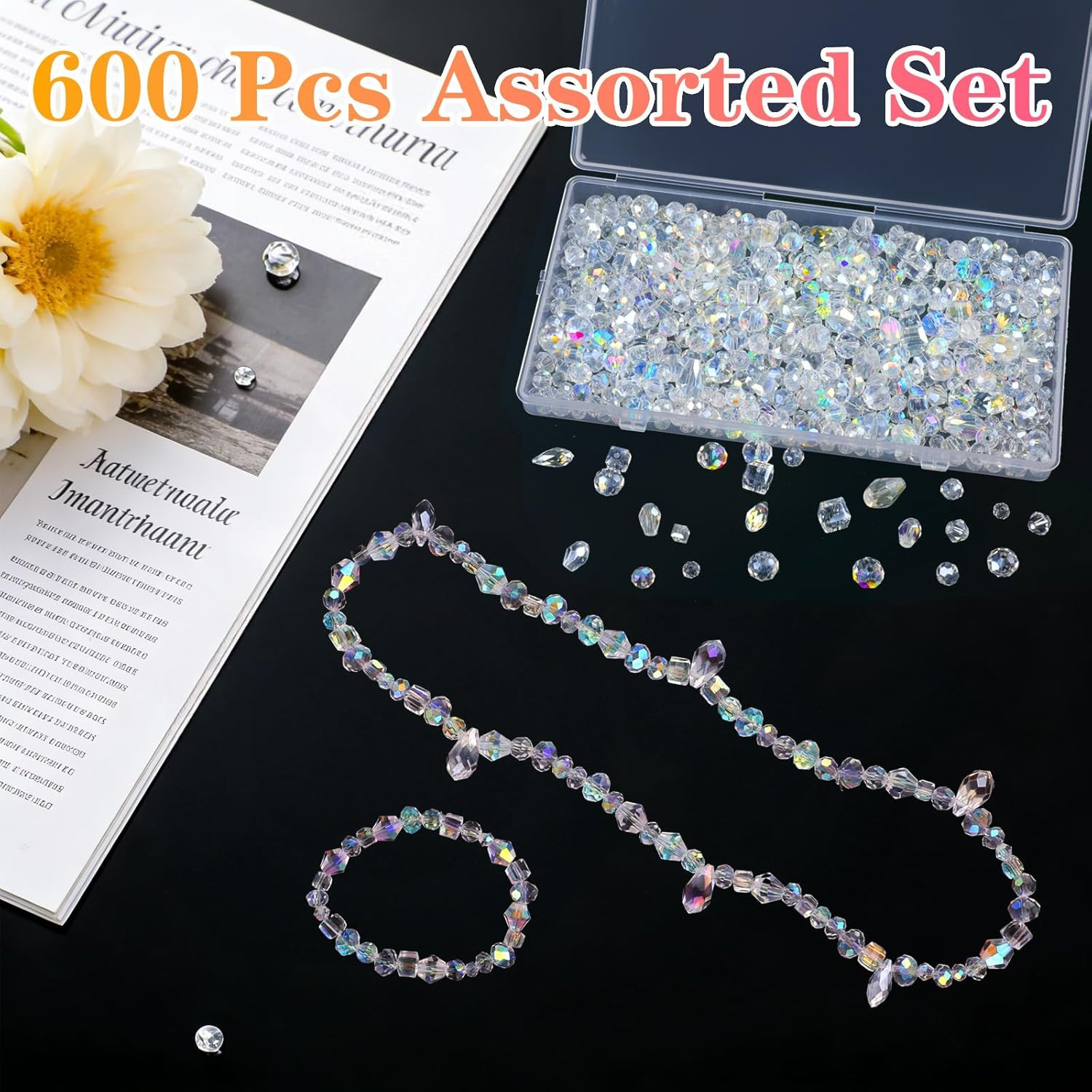 600 Pcs Crystal Glass Beads for Jewelry Making, Crystal Beads with Box, Assorted