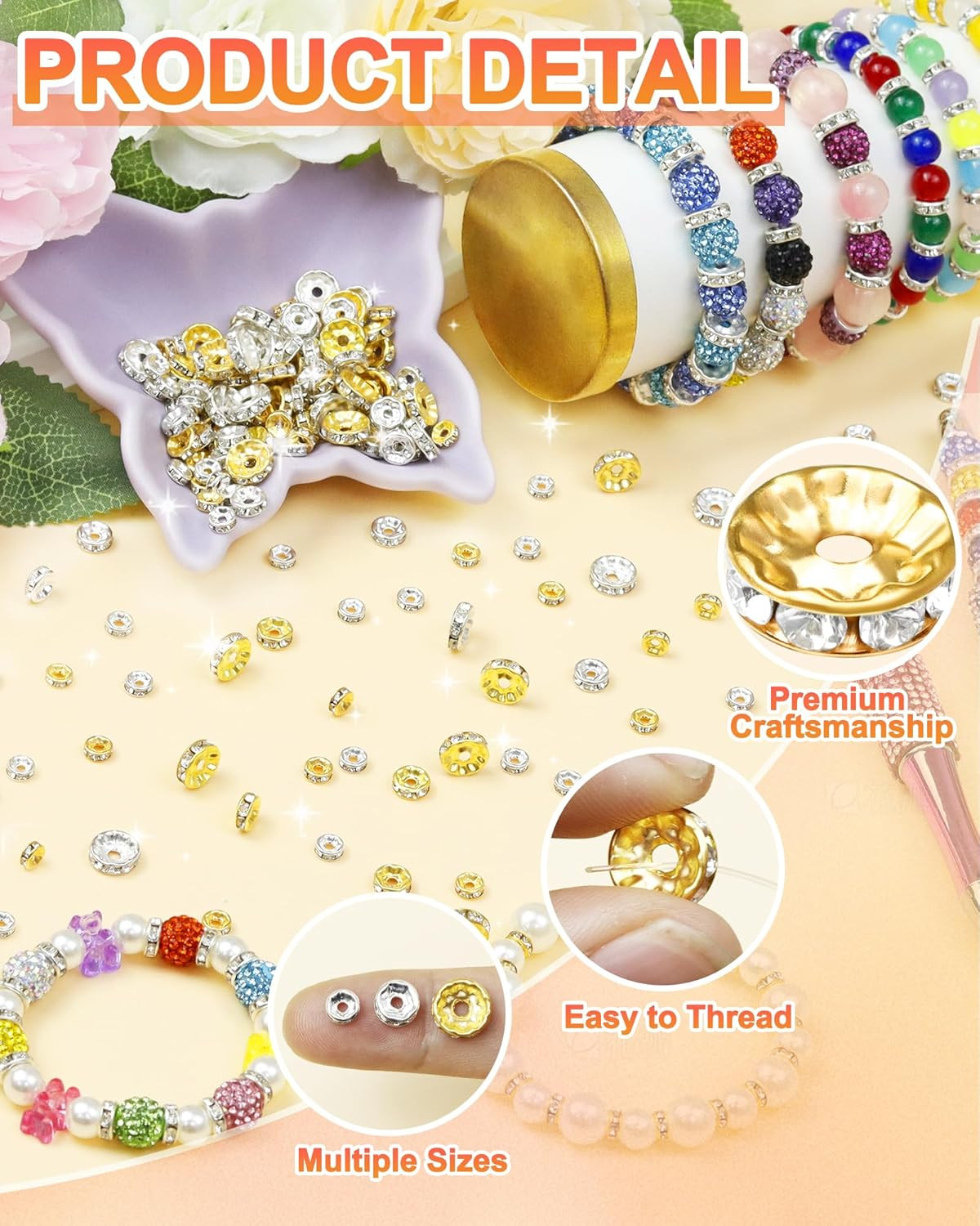 FIVEIZERO 300PCS Silver Rhinestone Rondelle Spacer Beads | 6/8/10Mm Sizes, 1.5/2