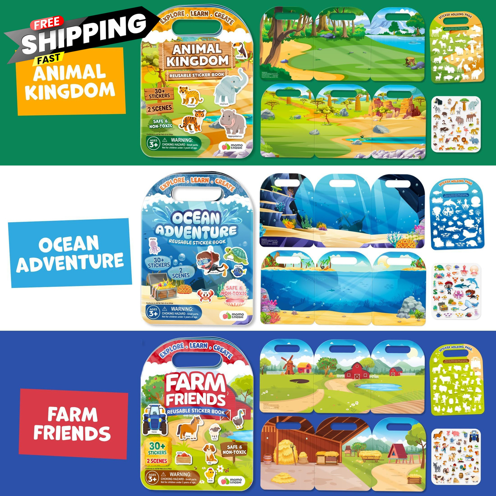 Reusable Sticker Books for Toddlers 1-3, Stickers 22.8″ x 10″, Multicolor