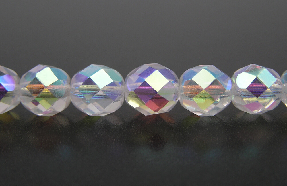 Czech Fire Polished Round Faceted Glass Beads, Crystal AB2X full Aurora Borealis