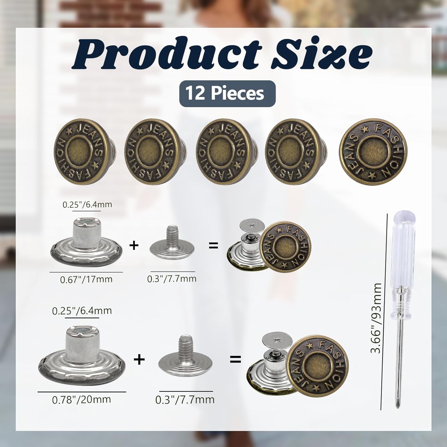 12 Sets, No-Sew Jeans Buttons Replacement – Metal Pants Buttons 17 mm 20 mm