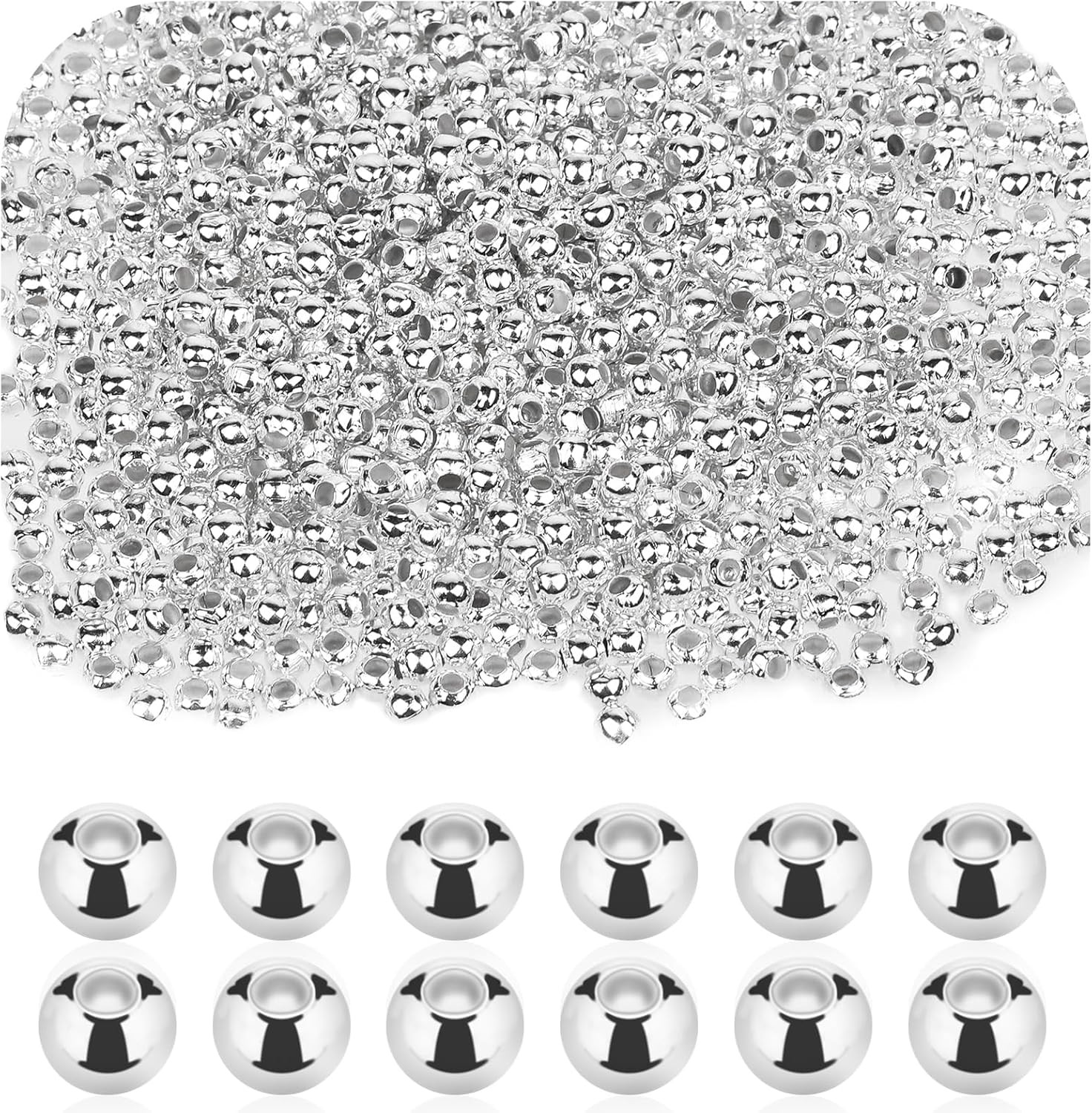 1500PCS 3Mm Smooth round Spacer Beads, Mini Silver Plated Metal Beads Loose Smal