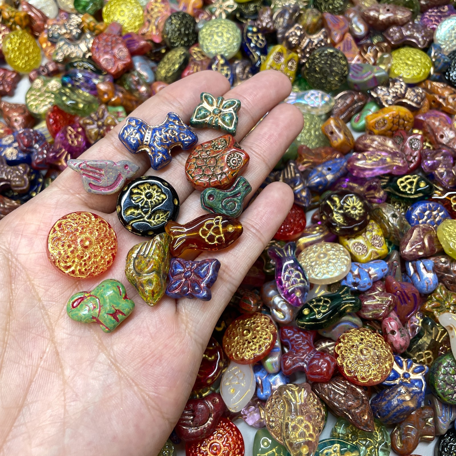 100g Vintage Pressed Glass Beads, Hand-Painted Gold, Jewelry Making