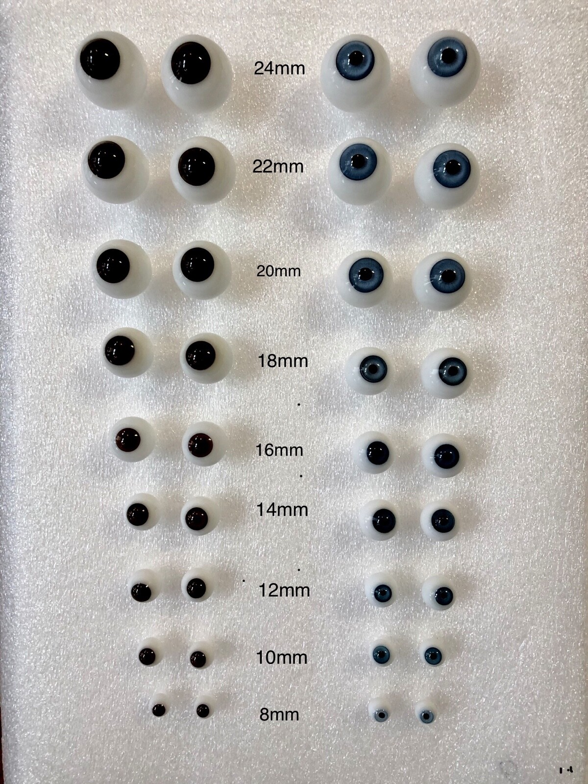 GERMAN BLOWN GLASS DOLL EYES WITH CRYSTAL LENS, FINEST QUALITY, 8mm – 26mm