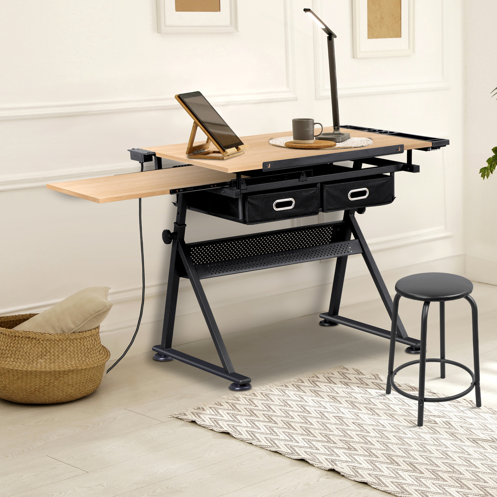 Adjustable Artist Table Tilted Tabletop Drafting Stool & Storage Drawer Natural